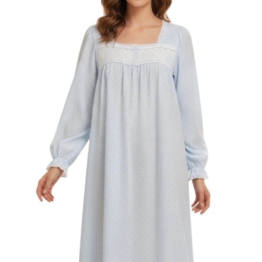 VTG HEIRESS Thin Soft FLEECE/LACE Polka-Dot COTTAGECORE Nightgown Blue Sz M